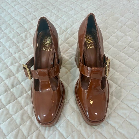 Vince Camuto Marocean Brown Patent Leather Platform Mary Jane Heels 7.5 New - Picture 3 of 11